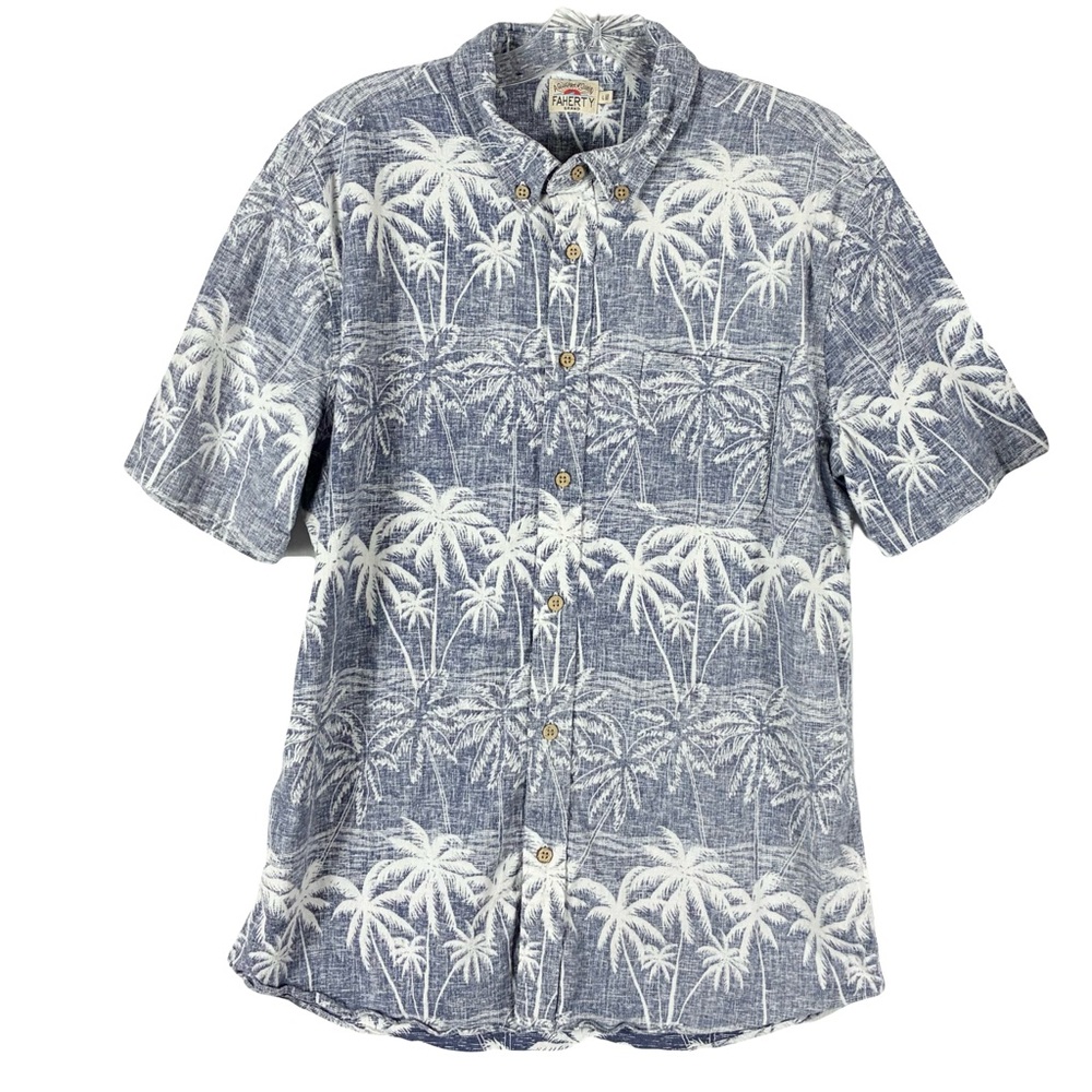 Faherty Tropical Hemp Shirt L Camp Beach Resort Vacay Palm Tree Hawaiian Summer